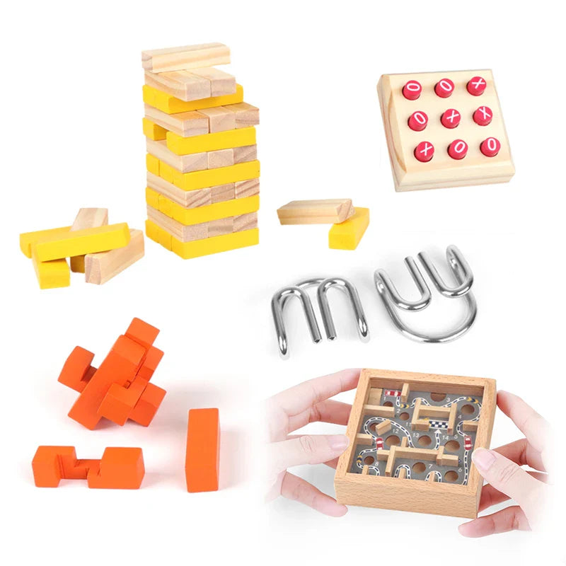 KTX-620371 5-in-1 Wooden Block Puzzle Set with Metal Ring Brain Teaser for Kids