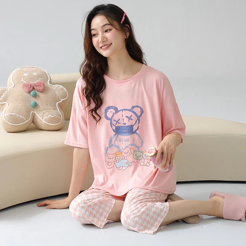 KTX-641043 Short-sleeved Seven-point Pants Set Two-piece Simple Sweet Pajamas All Cotton Home Wear Women's Summer Pajamas