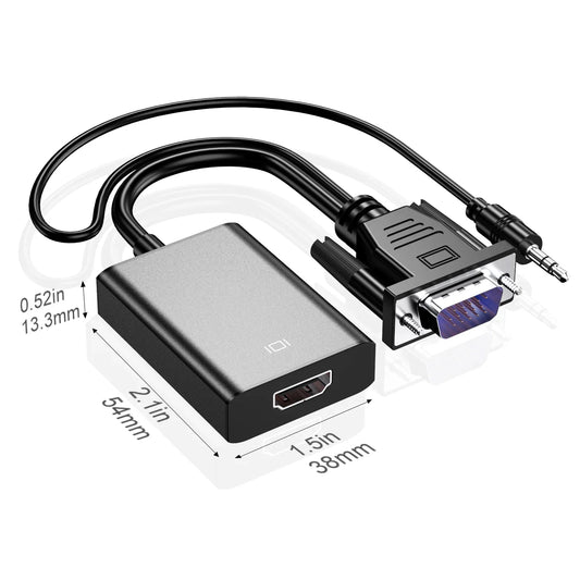 KTX-354003 VGA to HDMI Adapter with 3.5mm Audio Output for PC, Laptop, and Projector - Supports 1080P Resolution