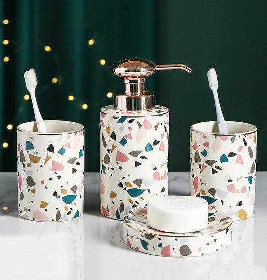 KTX-333651 Luxury Ceramic Bathroom Accessories Set - 4-Piece Soap Dispenser and Mouthwash Cup Collection