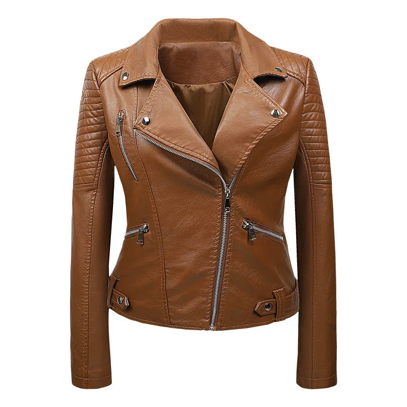 KTX-143763 PU Leather Jacket for Women Korean Version Slim Fit Harajuku Style Spring Short Flip Collar Motorcycle Jacket Clothing