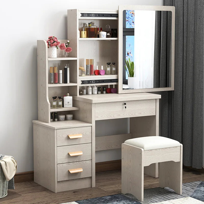 KTX-432403 Wooden Makeup Desk Vanity Set with Cushioned Stool and Round Mirror