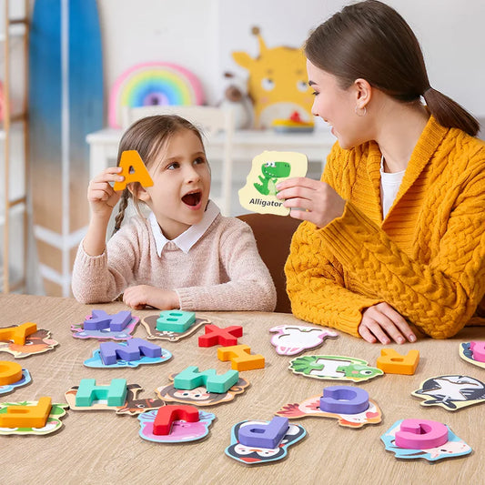 KTX-170835 Children's Wooden Animal Letter Puzzle - 26 Pcs Alphabet Matching Blocks for Educational Play