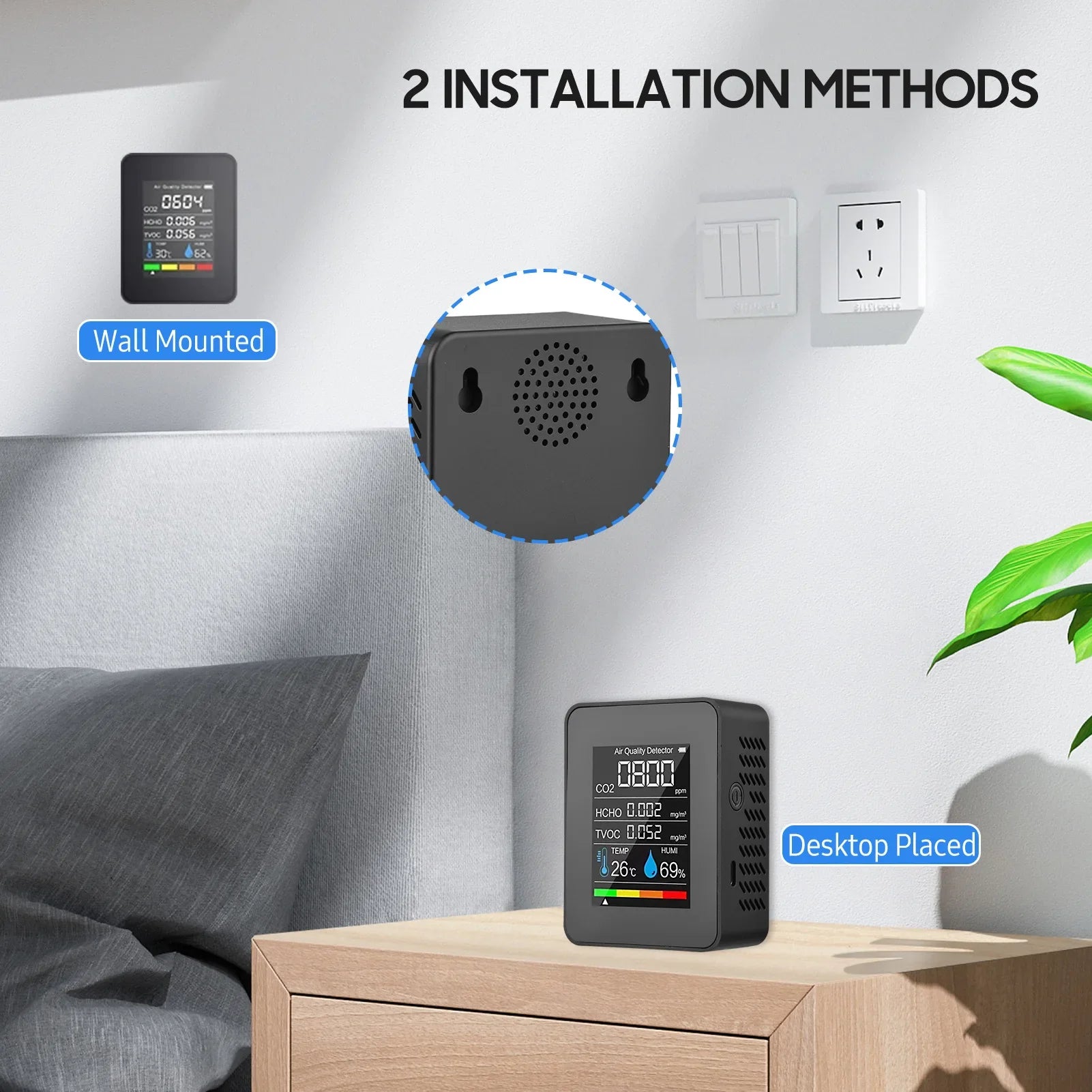 KTX-340179 Digital 5-in-1 Indoor Air Quality Meter for CO2, TVOC, HCHO, Temperature and Humidity Monitoring with LCD Display