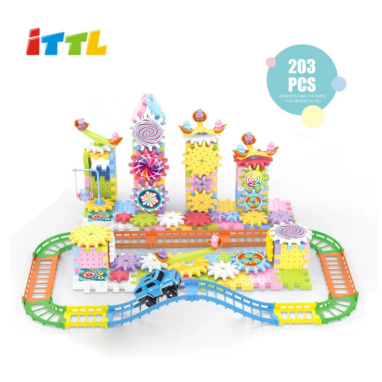 KTX-766099 203-Piece Electric DIY Stacking Building Blocks Set for Kids - Eco-Friendly ABS Plastic Wall Train Track