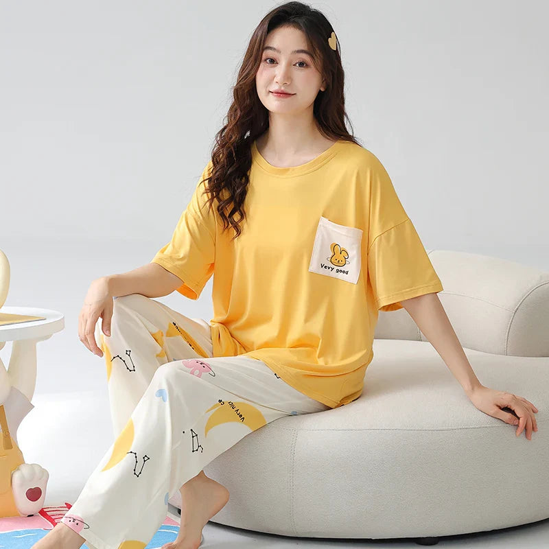 KTX-968723 New Pajama Suit Women's Summer Trousers Round Neck Knitted Cotton Student Youth Comfortable Home Clothes Breathable Short Sleeve