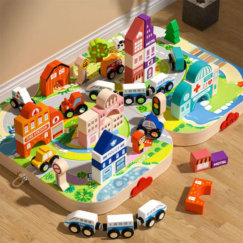 KTX-375187 Custom Wooden Educational Building Blocks for Kids - Urban Track Shape Intelligence Blocks