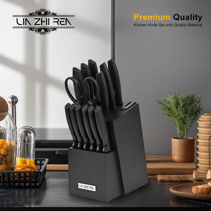 KTX-312851 15-Piece Professional Black Non-Stick Coating Stainless Steel Knife Block Set with Kitchen Scissor
