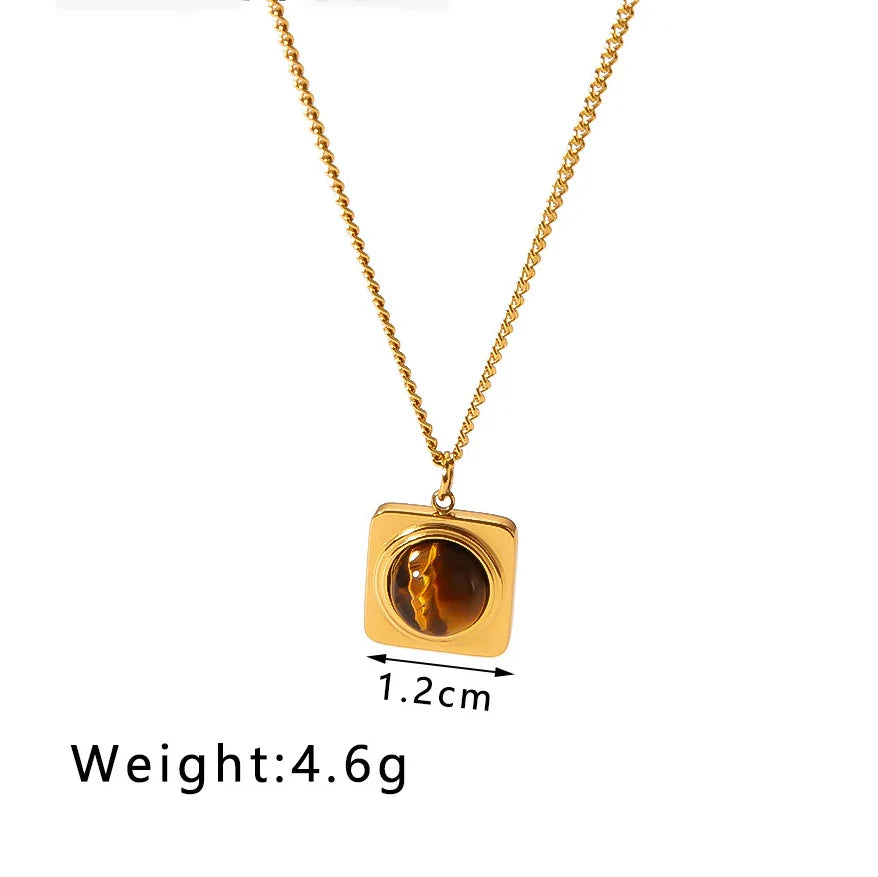 KTX-806035 Vintage Tiger's Eye Stone Pendant Necklace Geometric Opal Stainless Steel Necklace Neutral Fashion Jewelry