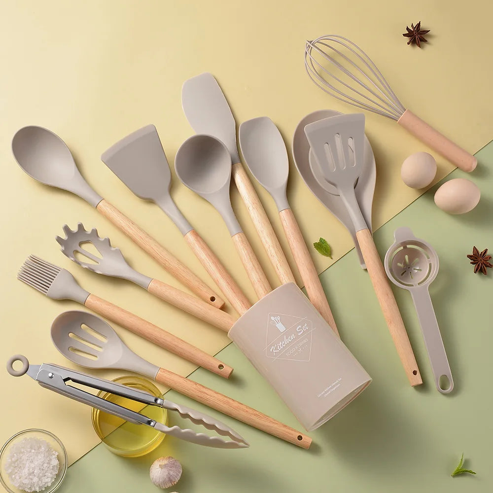 KTX-378387 Creamy White Wooden Handle Nonstick Silicone Kitchen Utensils - 11 Piece Cooking Tool Set