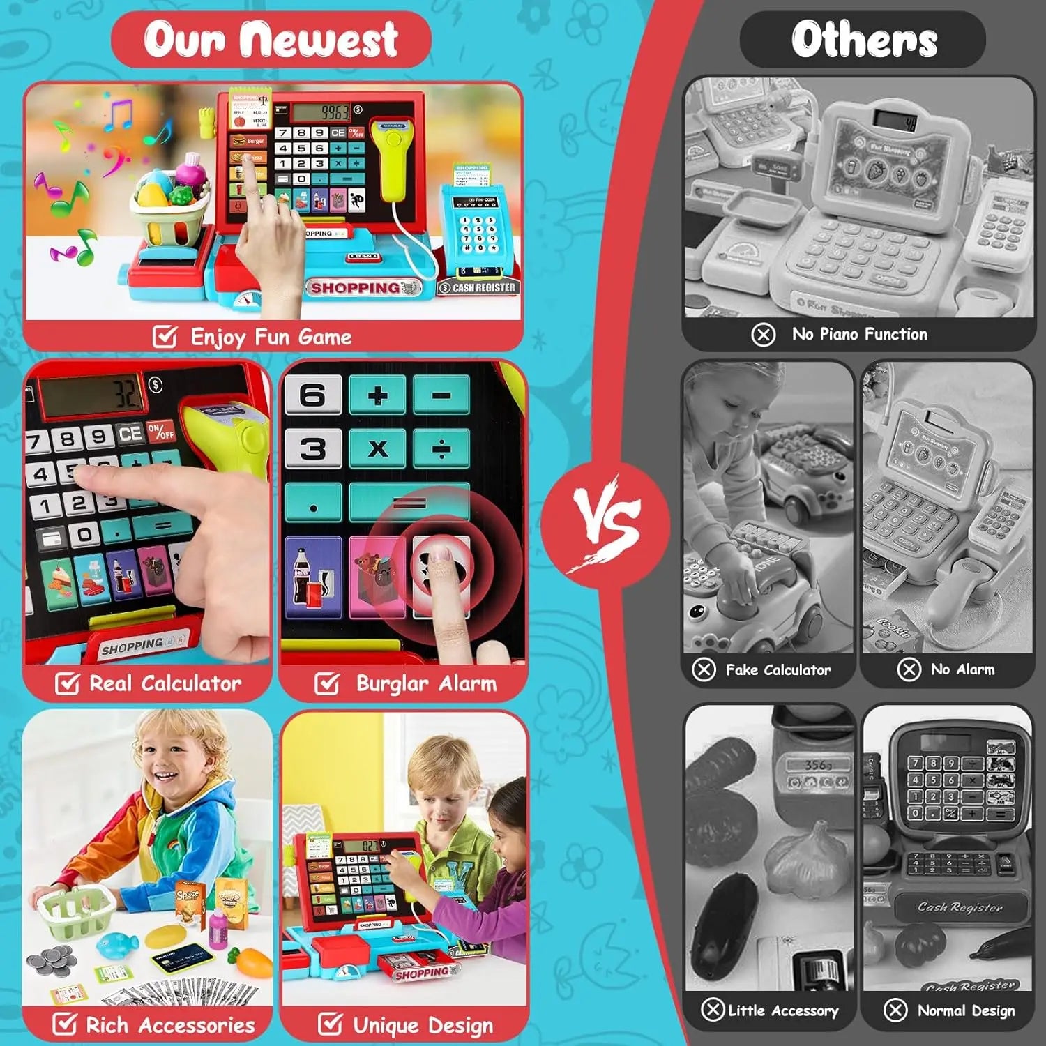 KTX-687443 EPT 52PCS Toy Cash Register with Electronic Sounds for Kids Indoor Pretend Play