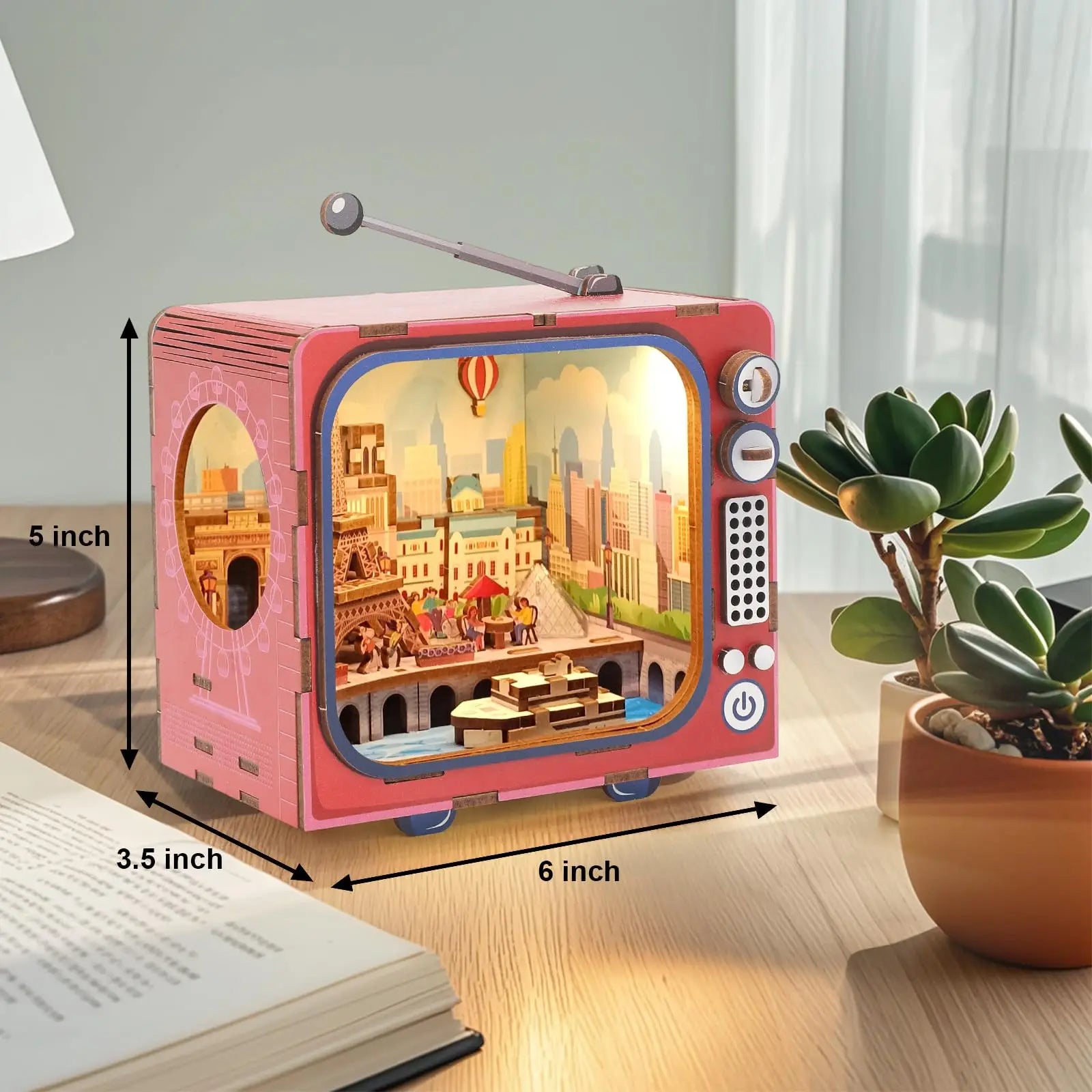 KTX-494291 Wooden 3D TV Set Building Puzzle Miniature Dollhouse DIY Kit for Creative Play