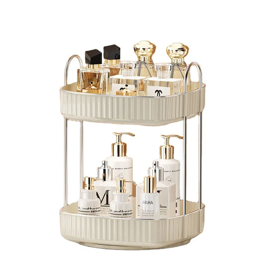 KTX-991635 Two-Layer Rotating Home Storage Organizer Rack in Cream White and Elegant Black