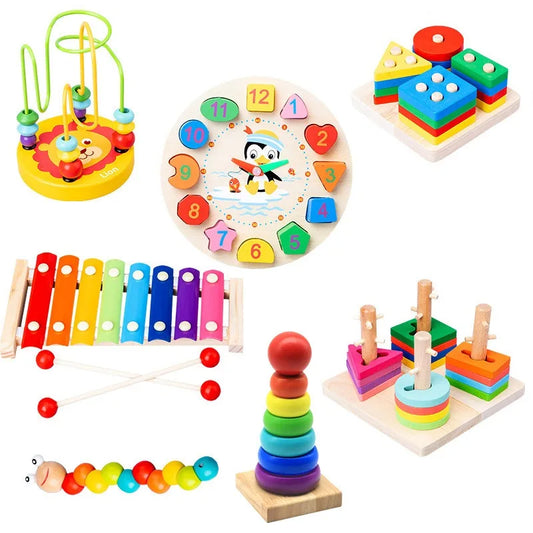KTX-006675 Montessori Wooden Animal Math Clock and Musical Instrument Educational Toy Set for Kids