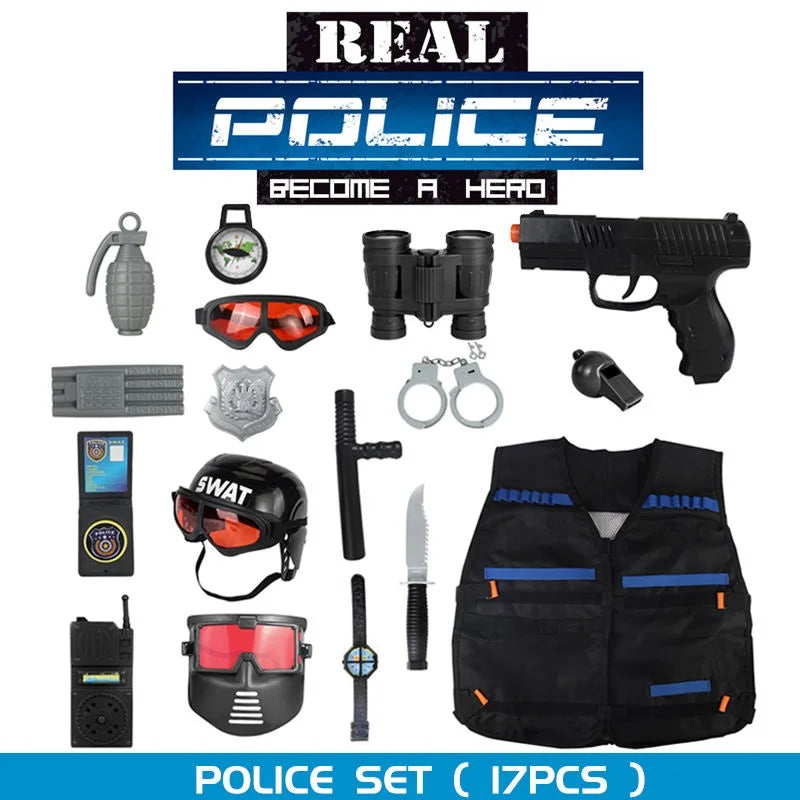 KTX-834323 17PCS Kids Pretend Play Police Set with Helmet and Uniform for Imaginative Role Play