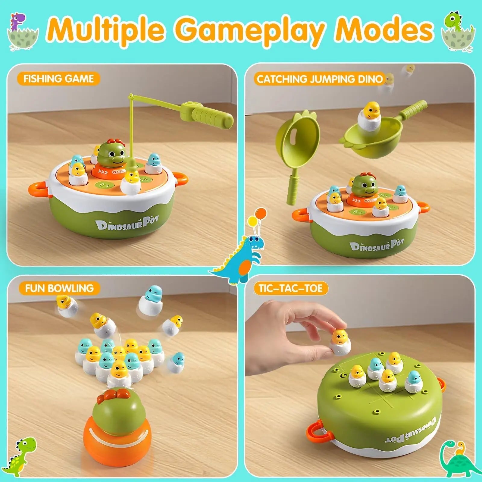 KTX-460371 Dinosaur 4 in 1 Pop Up Board Game for Kids - Electronic Musical Bouncing Turntable Fishing Fun