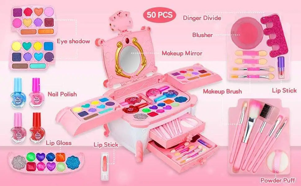 KTX-982355 Washable Kids Makeup Bag Kit with Portable Box for Pretend Play - Perfect Gift for Girls