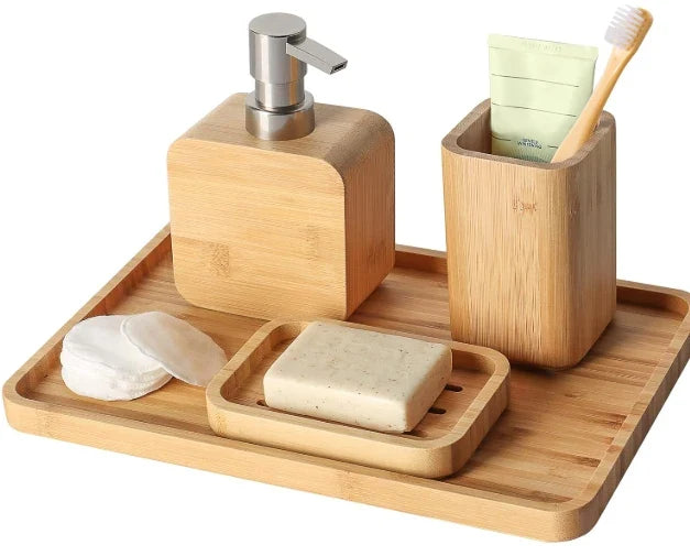KTX-350611 Bamboo Bathroom Accessories Set with Shower Soap Dish and Mouthwash Cup for Home or Hotel Use