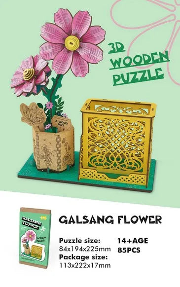 KTX-085267 3D Wooden Jigsaw Puzzle Flower Model Kit - Red Rose Educational Craft for Kids and Adults