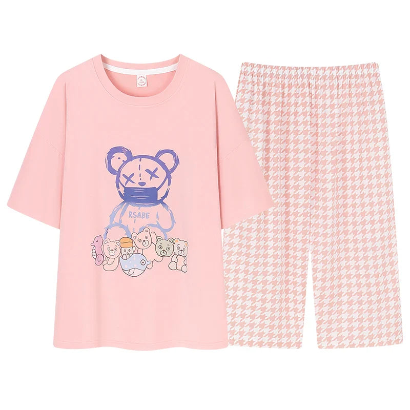 KTX-641043 Short-sleeved Seven-point Pants Set Two-piece Simple Sweet Pajamas All Cotton Home Wear Women's Summer Pajamas