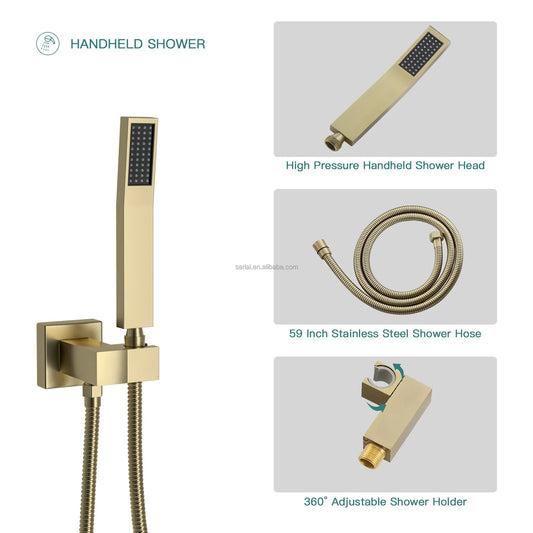KTX-769299 Contemporary Thermostatic Rain Shower Head and Handheld Faucet Set in Polished Brass Chrome Finish