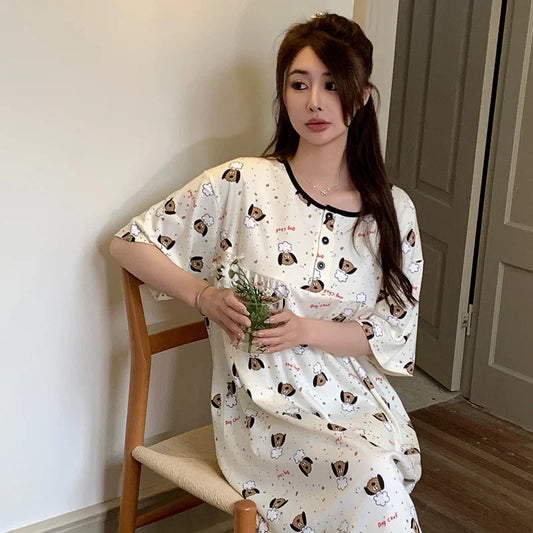 KTX-296403 New Buttons Thin Less Ladies Cotton Pajamas Summer Round Neck Short-sleeved Cartoon Women's Nightgown