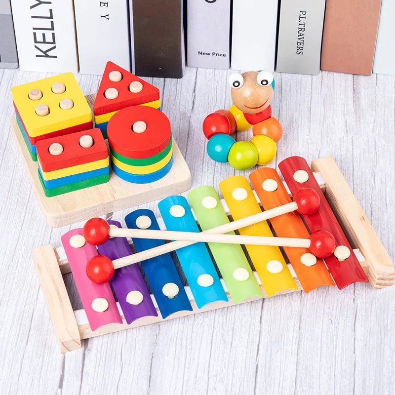KTX-006675 Montessori Wooden Animal Math Clock and Musical Instrument Educational Toy Set for Kids