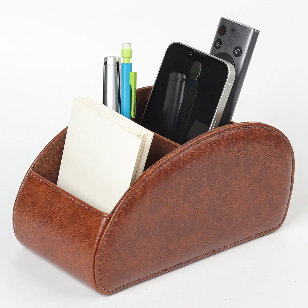 KTX-829715 Five-Compartment PU Leather Remote Control Holder for Organising and Desk Storage