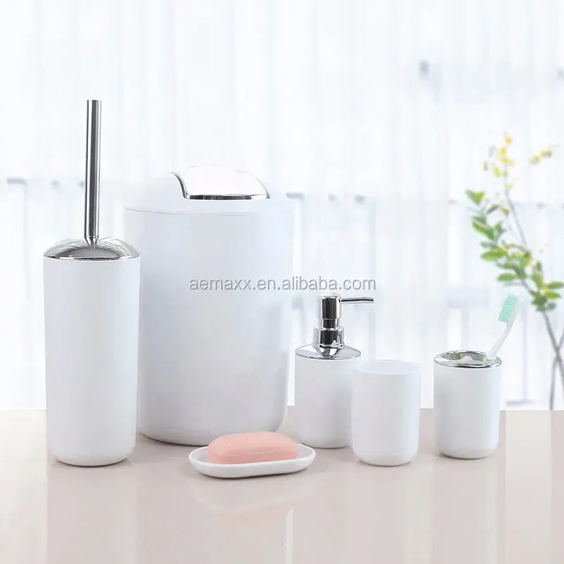 KTX-792403 6-Piece Black and White Plastic Bathroom Accessory Set for Modern Home Décor