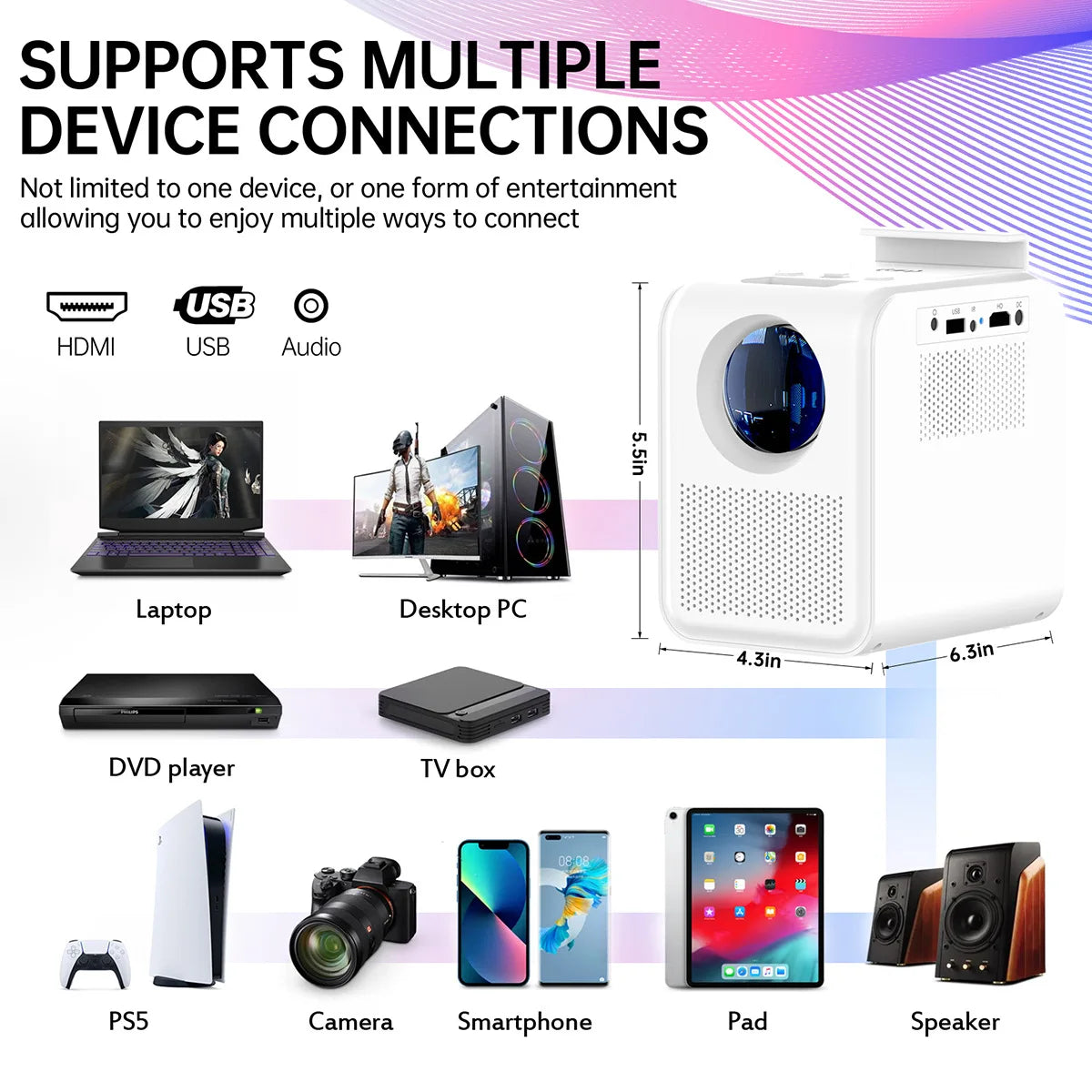 KTX-646611 Portable 4K Projector with Built-in Battery for Home, Office, and Outdoor Use, 3D & HD Compatible