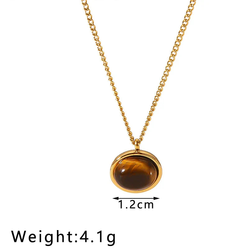 KTX-806035 Vintage Tiger's Eye Stone Pendant Necklace Geometric Opal Stainless Steel Necklace Neutral Fashion Jewelry