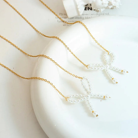 KTX-297555 Personality Trend Imitation Pearl Bow Necklace Stainless Steel 18K Gold Link Chain butterfly Necklace for Women
