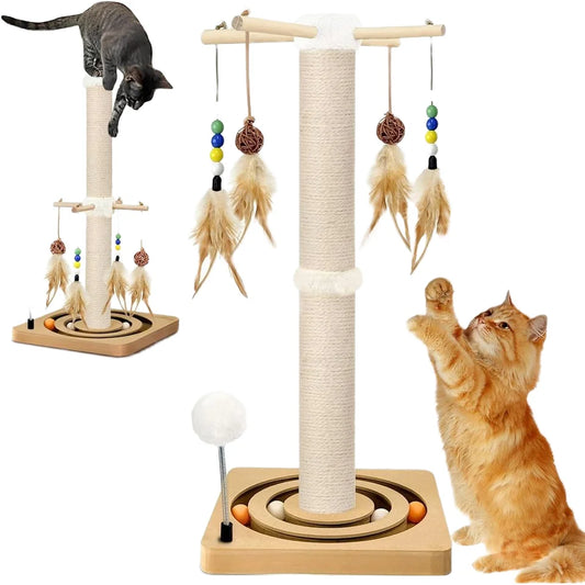 KTX-767635 Wood Cat Scratcher Tree Tower with Hanging Ball for Indoor Use
