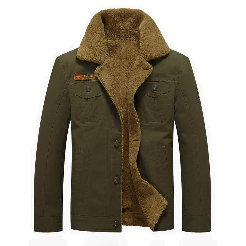 KTX-210451 Men's Winter Jacket Fleece-Wrapped and Windproof Washed Cotton Style Youth Thermal Motorcycle Jacket Canvas Fabric
