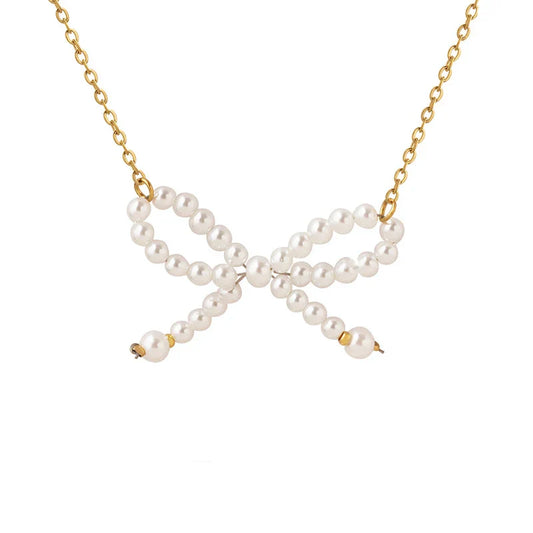KTX-297555 Personality Trend Imitation Pearl Bow Necklace Stainless Steel 18K Gold Link Chain butterfly Necklace for Women