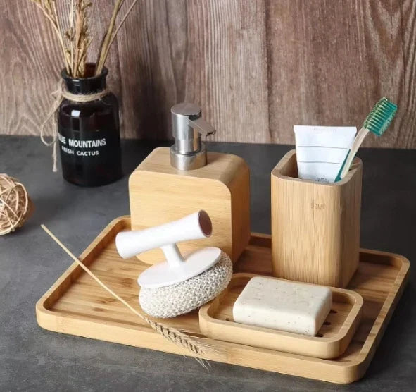 KTX-350611 Bamboo Bathroom Accessories Set with Shower Soap Dish and Mouthwash Cup for Home or Hotel Use
