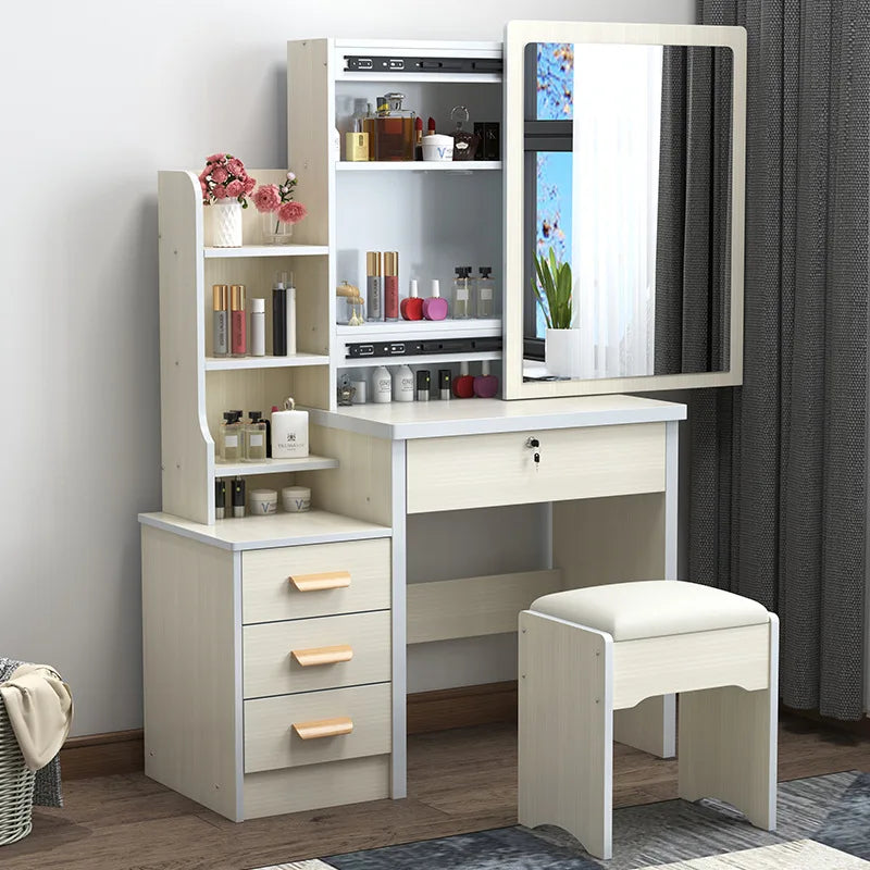 KTX-432403 Wooden Makeup Desk Vanity Set with Cushioned Stool and Round Mirror