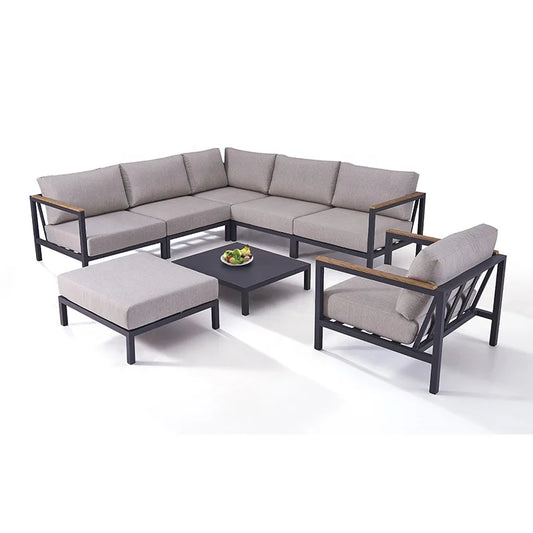 KTX-857235 Teak Wood Armrest Sectional Sofa Set with Aluminium Frame for Outdoor Patio and Garden