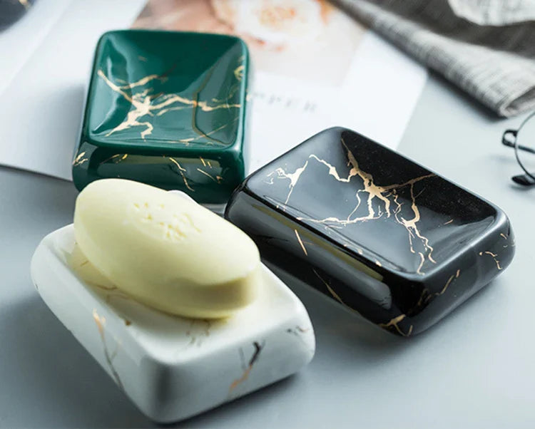 KTX-595795 Nordic Glossed Ceramic Bathroom Accessories Set in White and Gold Marble Design
