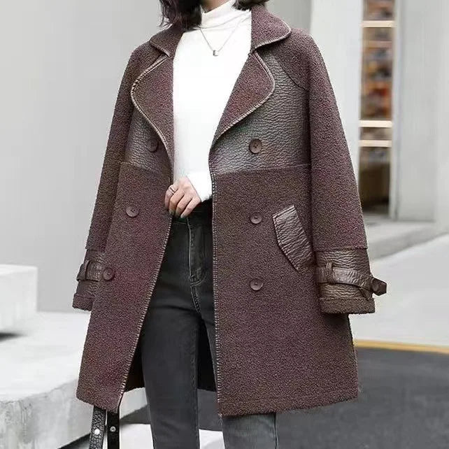 KTX-405907 Woman Leather Jacket Winter Mid to Long Length Fur Integrated With Plush Thickened Collar Wind Breaker Jacket