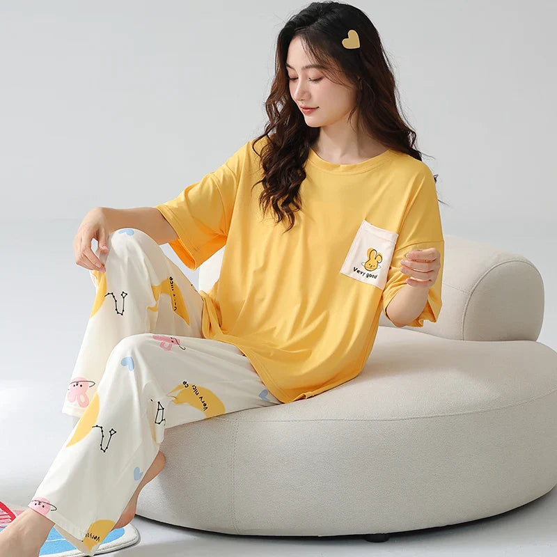 KTX-968723 New Pajama Suit Women's Summer Trousers Round Neck Knitted Cotton Student Youth Comfortable Home Clothes Breathable Short Sleeve