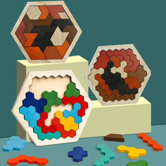 KTX-727891 3D Hexagonal Wooden Puzzle Set for Children – Educational Montessori Tangram Toys