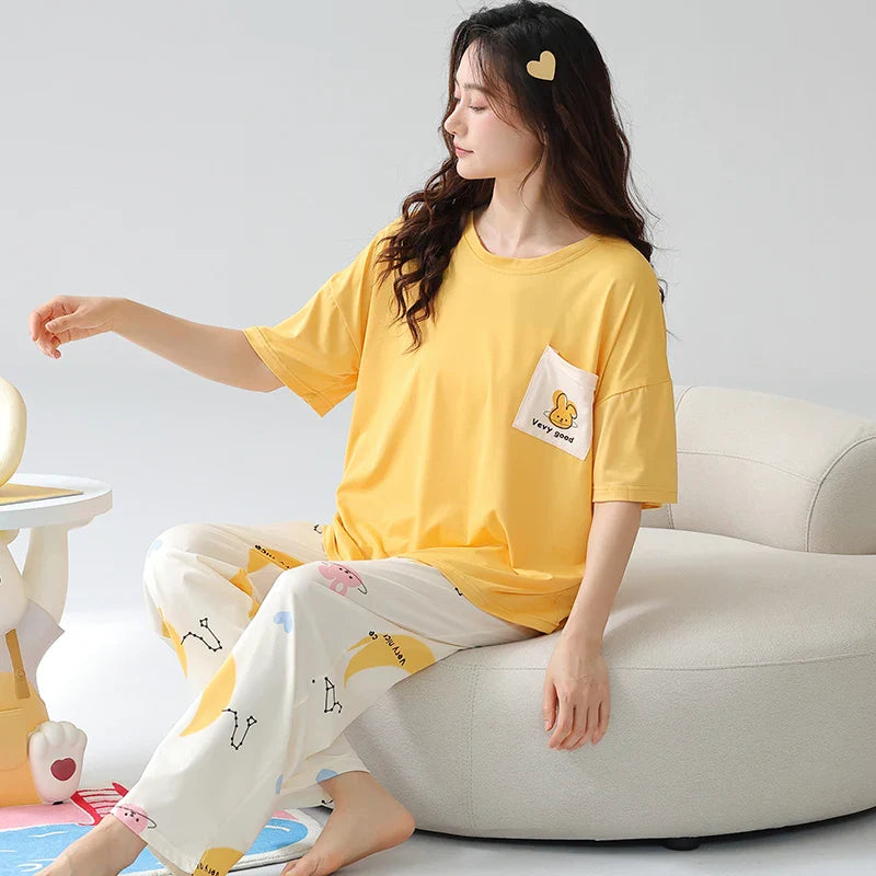 KTX-968723 New Pajama Suit Women's Summer Trousers Round Neck Knitted Cotton Student Youth Comfortable Home Clothes Breathable Short Sleeve