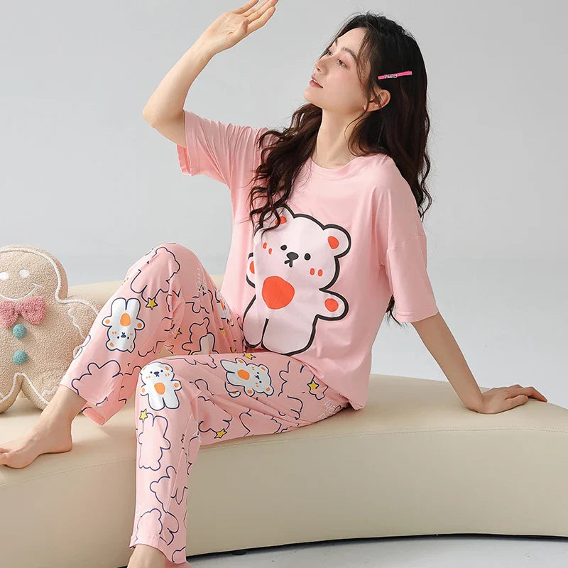 KTX-034259 Cartoon Ladies Night Wear Suits Sleep Wear Two-piece Cotton Comfortable Women Short Sleeved Trousers Pajamas Sets