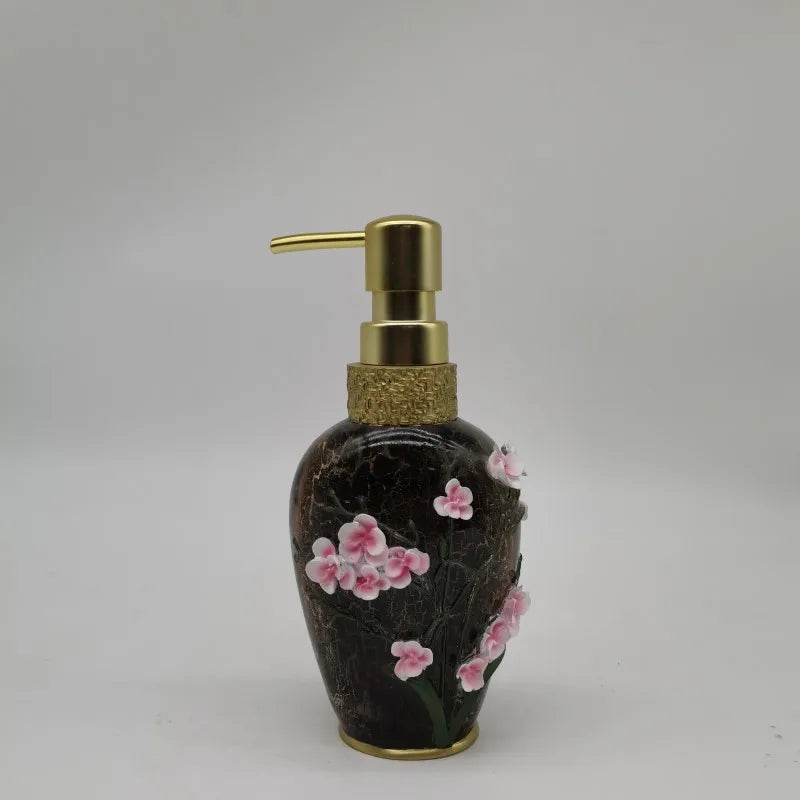 KTX-497491 Flower Pattern Polyresin Bathroom Accessory Set in Blue - Includes Lotion Dispenser, Toothbrush Holder, Soap Dish, Tumbler, Toilet Brush Holder, Amenity Tray, Tissue Cover, and Waste Bin