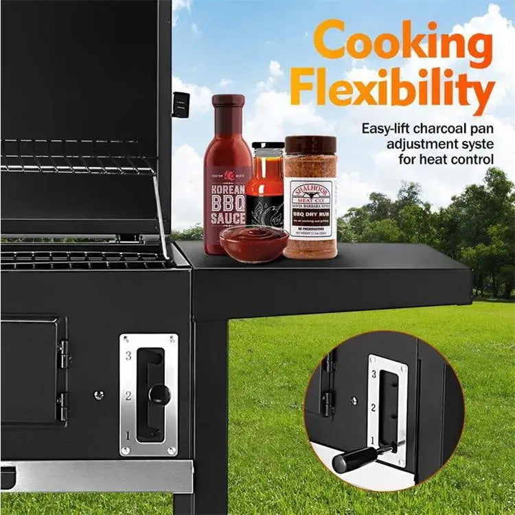 KTX-614995 Portable 3-in-1 Charcoal BBQ Grill with Double Deck Smoker for Outdoor Cooking and Camping