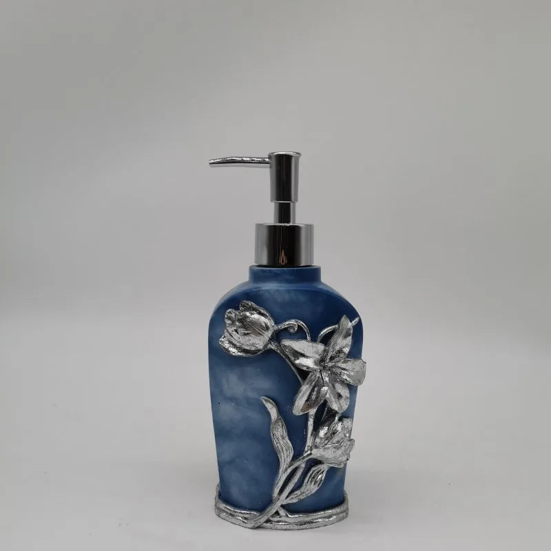 KTX-497491 Flower Pattern Polyresin Bathroom Accessory Set in Blue - Includes Lotion Dispenser, Toothbrush Holder, Soap Dish, Tumbler, Toilet Brush Holder, Amenity Tray, Tissue Cover, and Waste Bin