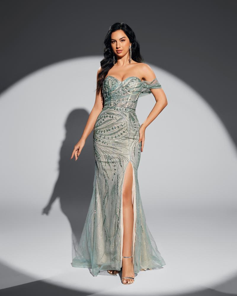 KTX-462547 Elegant Green Evening Dress - Model EZ25012 with Flattering Silhouette and Timeless Design