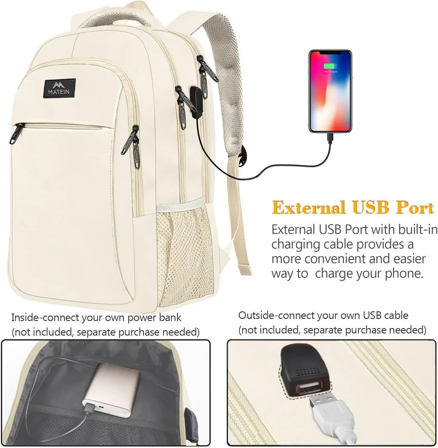 KTX-276819 Unisex Waterproof Notebook Backpack with USB Charging Port for Business Travel