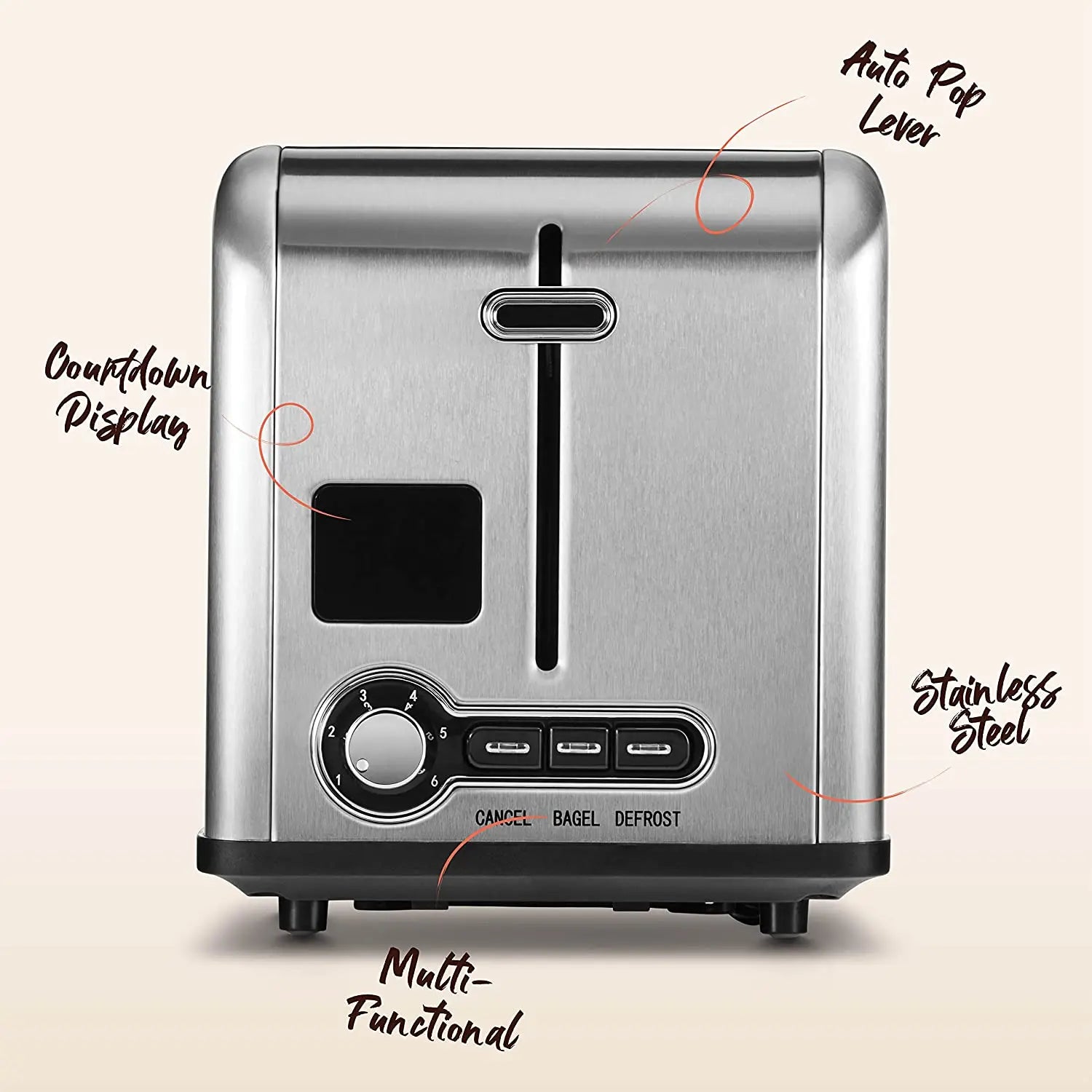 KTX-650451 Stainless Steel 2-Slice Toaster with Digital LED Display and Automatic Pop-Up Feature